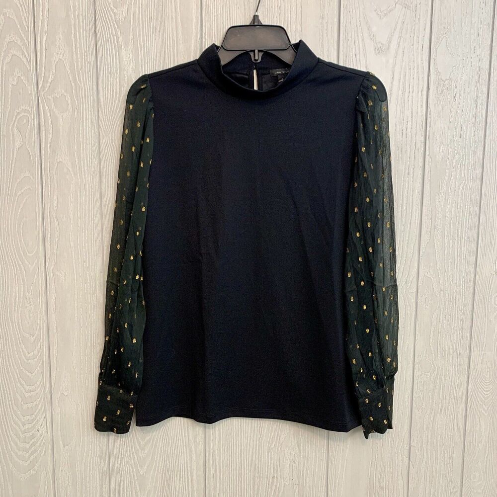 Ann Taylor Black Sheer Sleeve Gold Dot Size Small NWT